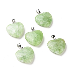 Yellow Green Natural Quartz Pendants, Heart Charm, with Platinum Plated Brass Bails, Dyed, Yellow Green, 27x25.5x7.5mm, Hole: 7.5x4mm