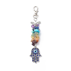 Mixed Stone Gemstone Chips Cluster Pendant Decoration, Hamsa Hand with Evil Eye Lobster Clasp Charms, Clip-on Charms, for Keychain, Purse, Backpack Ornament, 135mm