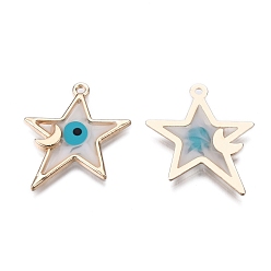 White Alloy Enamel Pendants, Golden, Star with Moon and Evil Eye, White, 28.5x24x2mm, Hole: 1.5mm