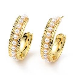 Real 18K Gold Plated Brass Chunky Stud Earrings with Plastic Pearl, Half Hoop Earrings for Women, Lead Free & Cadmium Free & Nickel Free, Real 18K Gold Plated, 26.5x6mm, Pin: 0.9mm