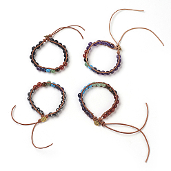 Mixed Stone Natural Mixed Stone Cord Beaded Bracelets, Natural & Synthetic Mixed Stone, with Leather Cord and Alloy Clasps, Om Symbol, Antique Golden, 7-1/4 inch~8-1/8 inch(18.5~20.5cm), 1mm