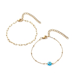 Dodger Blue 2Pcs 2 Style Brass Paperclip Chains & 304 Stainless Steel Satellite Chains Bracelets Set, Lampwork Evil Eye Beads Bracelets for Women, Golden, Dodger Blue, 6-1/4 inch(15.8cm), 1Pc/style