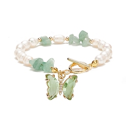 Green Aventurine Glass Butterfly Charm Bracelet with Clear Cubic Zirconia, Natural Green Aventurine Chips & Pearl Beaded Bracelet for Women, 7-5/8 inch(19.5cm)