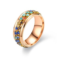 Rose Gold Colorful Rinestone Rotating Finger Ring, Titanium Steel Fidget Spinner Ring for Calming Worry Meditation, Rose Gold, US Size 10(19.8mm)
