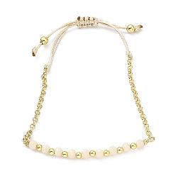 Bisque Adjustable Glass Beaded & Brass Chains Link Bracelet for Women, Bisque, Inner Diameter: 1-3/4~3 inch(4.5~7.6cm)