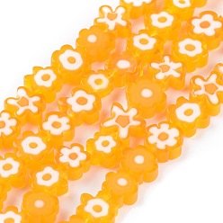 Orange Main millefiori perles de verre brins, fleur, orange, 6.4~9x3.2mm, trou: 1mm, environ 56 pcs/chapelet, 15.75'' (40 cm)