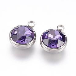 Púrpura Media K 9 colgantes de diamantes de imitación de cristal, encantos de piedra natal de febrero, con 304 fornituras de acero inoxidable, plano y redondo, púrpura medio, 18x14x9 mm, agujero: 2.5 mm