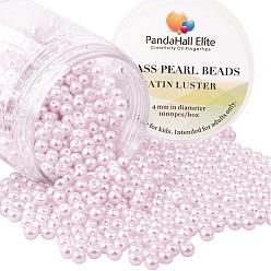 Pink PandaHall Elite 4mm About 1000Pcs Glass Pearl Beads Pink Tiny Satin Luster Loose Round Beads in One Box for Jewelry Making, Pink, 4~4.5mm, Hole: 0.7~1.1mm, about 1000pcs/box