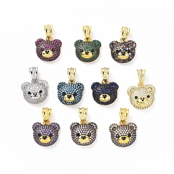Mixed Color Brass Micro Pave Cubic Zirconia Pendants, Bear Head Charm, Real 18K Gold Plated, Mixed Color, 19x19x8mm, Hole: 5x8mm