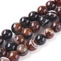 Coconut Brown Natural Striped Agate/Banded Agate Beads Strands, Dyed & Heated, Round, Coconut Brown, 10mm, Hole: 1.2mm, about 37pcs/strand, 14.65 inch(37.2cm)