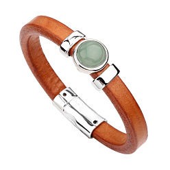 Aventurine Natural Aventurine Flat Round Link Bracelet with Imitetion Leather Cords and Metal Magnetic Clasps, 9-1/4 inch(23.5cm)