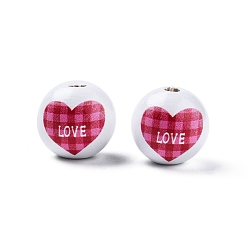 Corazón Cuentas de madera impresas con el tema del día de san valentín, rondo, rojo, patrón del corazón, 15.5~16x15 mm, agujero: 3.5 mm