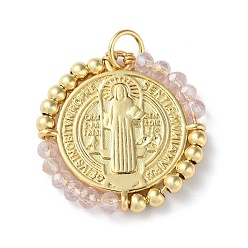 Lavender Blush Rack Plating Real 18K Gold Plated Brass Saint Benedict Pendants, with Glass Beaded, Cadmium Free & Lead Free, Long-Lasting Plated, Lavender Blush, 25.5x3mm, Hole: 4.3mm