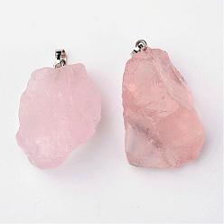 Quartz Rose Naturel a augmenté pendentifs en quartz, nuggets, avec les accessoires en laiton, platine, 26~42x20~26x14~22mm, Trou: 5x8mm