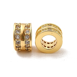 Real 18K Gold Plated Rack Plating Brass Micro Pave Cubic Zirconia European Beads, Large Hole Beads, Long-Lasting Plated, Cadmium Free & Lead Free, Flat Round, Real 18K Gold Plated, 8.5x5.5mm, Hole: 5mm