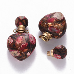 Hot Pink Heart Assembled Natural Bronzite and Synthetic Imperial Jasper Openable Perfume Bottle Pendants, with Brass Findings, Dyed, Hot Pink, Capacity: 1ml(0.03 fl. oz), 37.5~38.5x22x13mm, Hole: 1.8mm