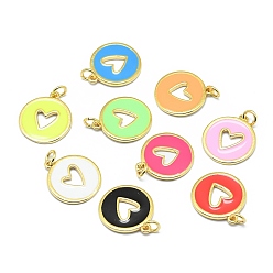 Mixed Color Brass Enamel Pendants, Round with Cut Out Heart, Real 18K Gold Plated, Long-Lasting Plated, Mixed Color, 18x15.5x1mm, Hole: 3mm, Jump rings: 5x0.7mm