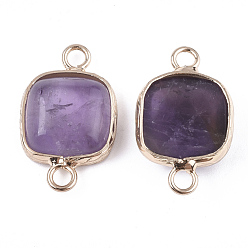 Amethyst Natural Amethyst Links connectors, with Brass Findings, Square, Golden, 21x13x5~5.5mm, Hole: 2.5mm