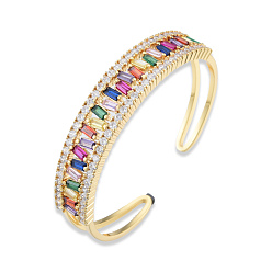 Doré  Bracelet de manchette ouvert en zircone cubique colorée, bijoux en laiton pour femmes, sans nickel, or, diamètre intérieur: 2 pouce (5.1 cm)