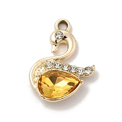 Gold UV Plating Alloy Pendants, with Crystal Rhinestone and Glass, Golden, Swan Charms, Gold, 21.5x15x4.5mm, Hole: 2mm