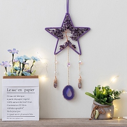 Amethyst Star Natural Amethyst & Agate Woven Net Suncatchers, Chakra Theme Hanging Pendant Decorations with Glass Beaded, 660mm