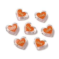 Оранжевый Печатные прозрачные акриловые бусины, сердце любовью, оранжевые, 17.5x20x5 мм, отверстие : 3 мм