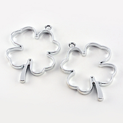 Platinum Rack Plating Alloy Irish Clover Open Back Bezel Pendants, For DIY UV Resin, Epoxy Resin, Pressed Flower Jewelry, Hollow, Cadmium Free & Nickel Free & Lead Free, Silver Color Plated, 44.5x34x3.8mm, Hole: 3mm