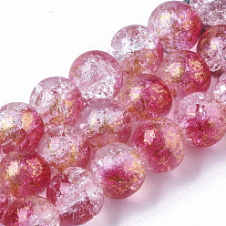 Camellia Transparent Spray Painted Crackle Glass Bead Strands, with Golden Foil, Round, Camellia, 10~11mm, Hole: 1.4~1.6mm, about 39~42pcs/Strand, 14.84 inch~15.27 inch(37.7~38.8cm)
