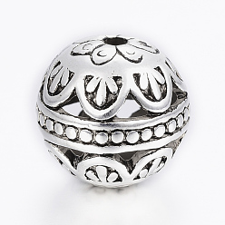 Античное Серебро Сплавочные овальные бусины тибетского стиля , полый круглый с цветком, античное серебро, 14 мм, отверстие : 2 мм