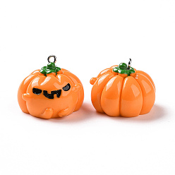 Dark Orange Halloween Opaque Resin Pendants, Pumpkin Jack-O'-Lantern Charms, with Platinum Tone Iron Loops, Dark Orange, 21.5x27x27mm, Hole: 2mm