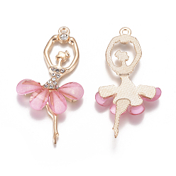 Perlas de Color Rosa Grandes colgantes de aleación, con resina y diamantes de imitación de cristal, facetados, bailarina, dorado, rosa perla, 59~60x30~31x4.5 mm, agujero: 2.5 mm