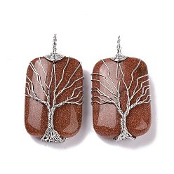 Goldstone Synthetic Goldstone Copper Wire Wrapped Pendants, Rectangle with Tree of Life Charms, Platinum, 46~49x25~27x10~12mm, Hole: 8x9mm