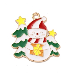 Bonhomme de neige Noël alliage thème pendentifs émail, or et de lumière, bonhomme de neige, 25x23x1mm, Trou: 1.6mm