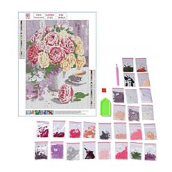 Pink DIY 5D Flower Pattern Canvas Diamond Painting Kits, with Resin Rhinestones, Sticky Pen, Tray Plate, Glue Clay, for Home Wall Decor Full Drill Diamond Art Gift, Pink, 298x0.3mm