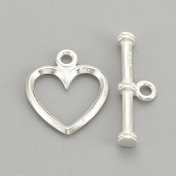 Silver 925 Sterling Silver Toggle Clasps, with 925 Stamp, Heart, Silver, 14x12x1mm, Hole: 1.5mm