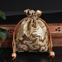 Camello Bolsas de embalaje de joyería de satén con estampado de flores de estilo chino, bolsas de regalo con cordón, Rectángulo, camello, 14x11 cm