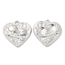 Stainless Steel Color 304 Stainless Steel Pendants, Textured, Heart with Skull Charm, Stainless Steel Color, 20x20.5x2mm, Hole: 2.5mm
