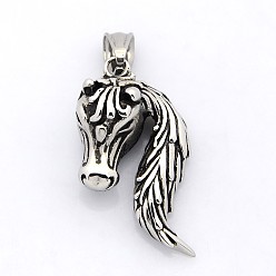 Antique Silver Retro 304 Stainless Steel Horse Head Pendants, Antique Silver, 40x23x13mm, Hole: 5x8mm