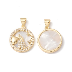 Aquarius Rack Plating Brass Shell Pendants, with Cubic Zirconia & Natural Shell, Flat Round with Constellation Charms, Cadmium Free & Lead Free, Long-Lasting Plated, Real 18K Gold Plated, Aquarius, 19x16x3mm, Hole: 4x3.5mm