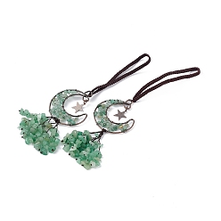 Green Aventurine Natural Green Aventurine Moon with Chips Tassel Pendant Decorations, with Rack Plating Red Copper Plated Brass Findings, Cadmium Free & Lead Free, 205~208mm