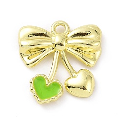 Green Rack Plating Alloy Enamel Pendants, Bowknot with Heart Charms, Green, 19.5x19x3.5mm, Hole: 2mm