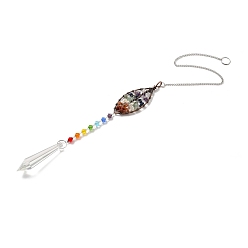 Colorful Chakra Theme Gemstone Pendant Decoration, Hanging Suncatcher, with Brass Rings, Horse Eye Alloy Frame and Iron Findings, Bullet, Colorful, 447x2mm, Hole: 10mm