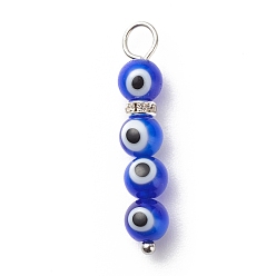 Azul Colgantes hechos a mano del lampwork del ojo malvado, con pasadores de cabeza esférica de acero inoxidable y cuentas espaciadoras de diamantes de imitación de latón, rondo, azul, 304 mm, agujero: 31.5x6 mm