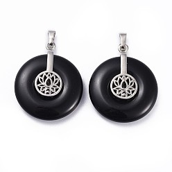 Obsidian Natural Obsidian Pendants, with Platinum Tone Brass Findings, Donut/Pi Disc with Lotus, 35.5x30x8.5~9.5mm, Hole: 4.5x6.5mm