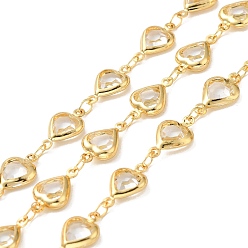 Clear Heart Handmade Brass Glass Link Chains, Real 18K Gold Plated, Soldered, with Spool, Cadmium Free & Lead Free, Clear, 12.5x7.5x2.5mm