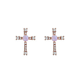 Clear Real Rose Gold Plated, Brass Stud Earrings, Lead Free & Cadmium Free, with Grade AAAAA Cubic Zirconia & Resin Imitation Opal, Cross, Clear, 14x10mm