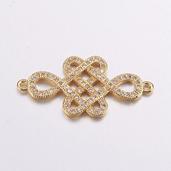 Real 18K Gold Plated Brass Micro Pave Cubic Zirconia Links, Clear, Long-Lasting Plated, Real 18K Gold Plated, Chinese Knot, 14.5x29x2mm, Hole: 1.5mm