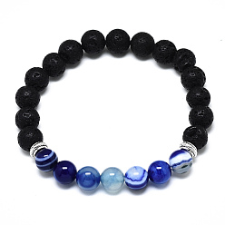 Lapis Lazuli Natural Lapis Lazuli Beads Stretch Bracelets, with Synthetic Lava Rock Beads and Alloy Beads, Round, Inner Diameter: 2-1/8 inch(5.5cm), Beads: 8.5mm