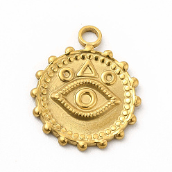 Oro 304 colgantes de acero inoxidable, redondo plano con amuletos de mal de ojo, dorado, 21.5x18x2 mm, agujero: 2.6 mm