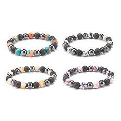Mixed Color Gemstone & Lava Rock & Synthetic Hematite Round Beaded Stretch Bracelet, Essential Oil Gemstone Jewelry for Women, Mixed Color, Inner Diameter: 2-1/8 inch(5.5cm)